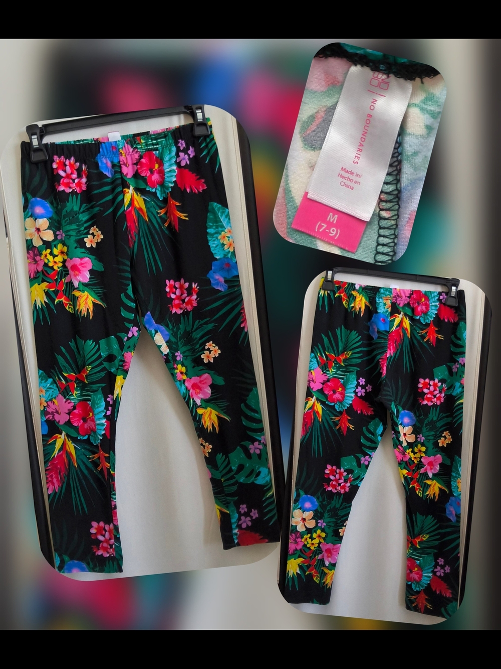 No Boundaries Black Tropical Floral Leggings Size Med